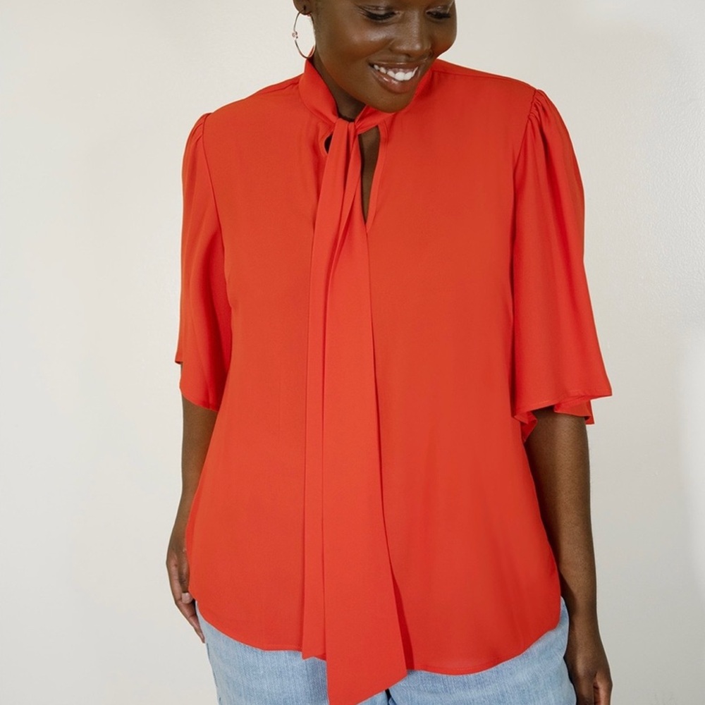 Eloquii Red 3/4 Sleeve Tie Front Blouse